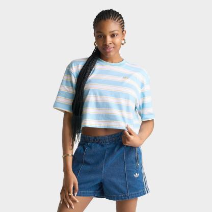 Women's adidas Originals Striped Oversized Cropped T-Shirt - Icey Blue/Orange Tint - view 1