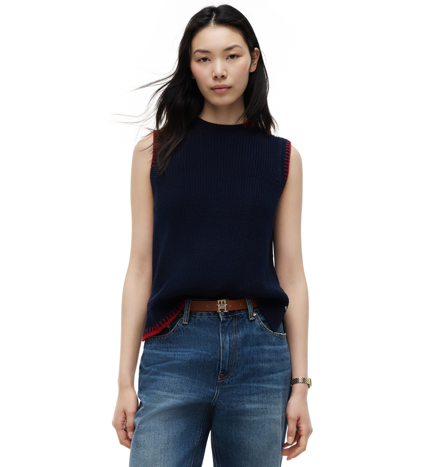 Tommy Hilfiger Women’s Crochet Detail Crewneck Sleeveless Vest - Dark Night Navy