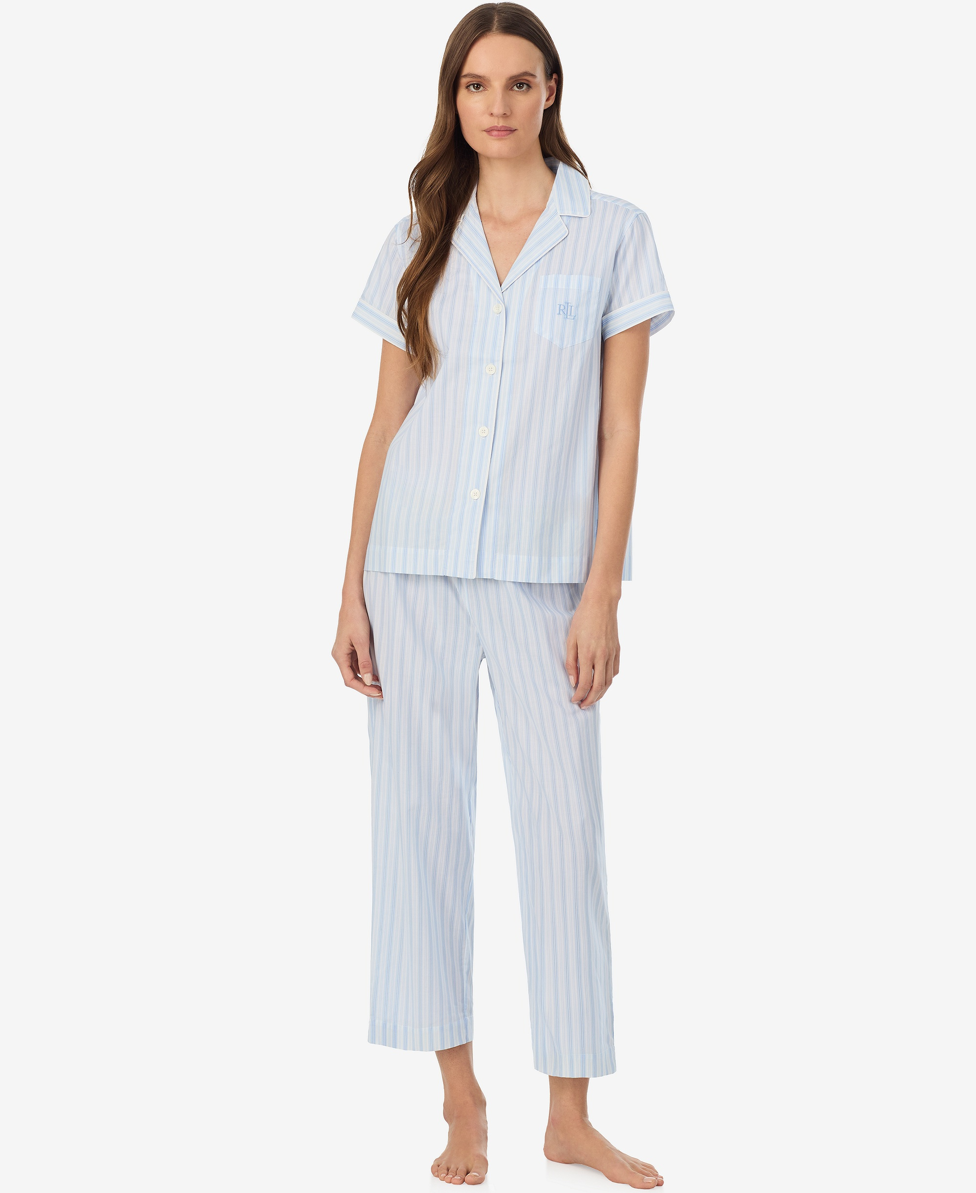 Lauren Ralph Lauren Women's Notch Collar Top and Cropped Pajama Pants, 2-Piece Set - Pale Blue Stripe