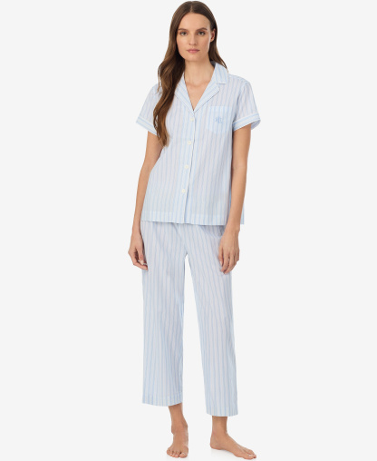 Lauren Ralph Lauren Women's Notch Collar Top and Cropped Pajama Pants, 2-Piece Set - Pale Blue Stripe