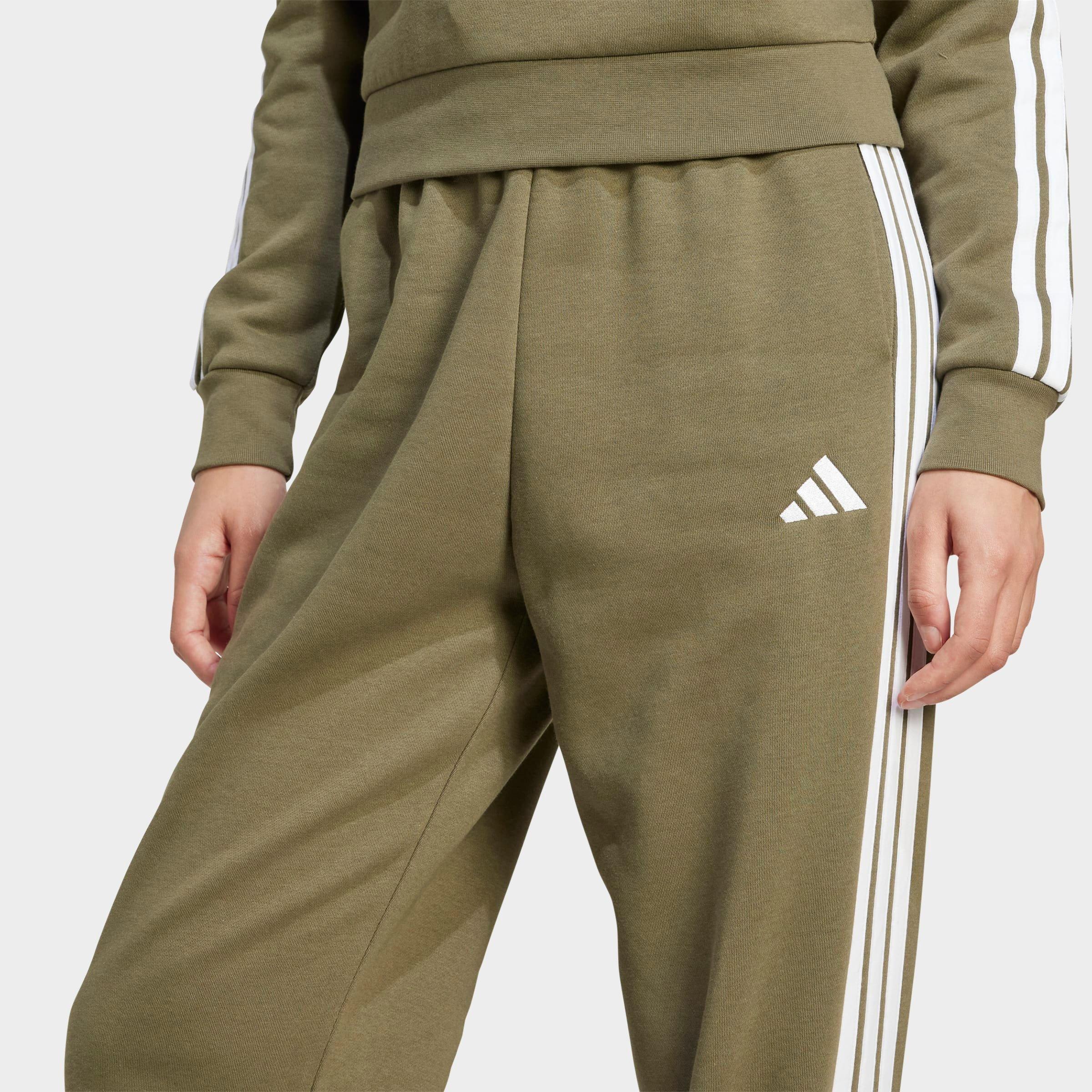 Women's adidas Essentials 3-Stripes Fleece Loose Pants - Olive Strata/White