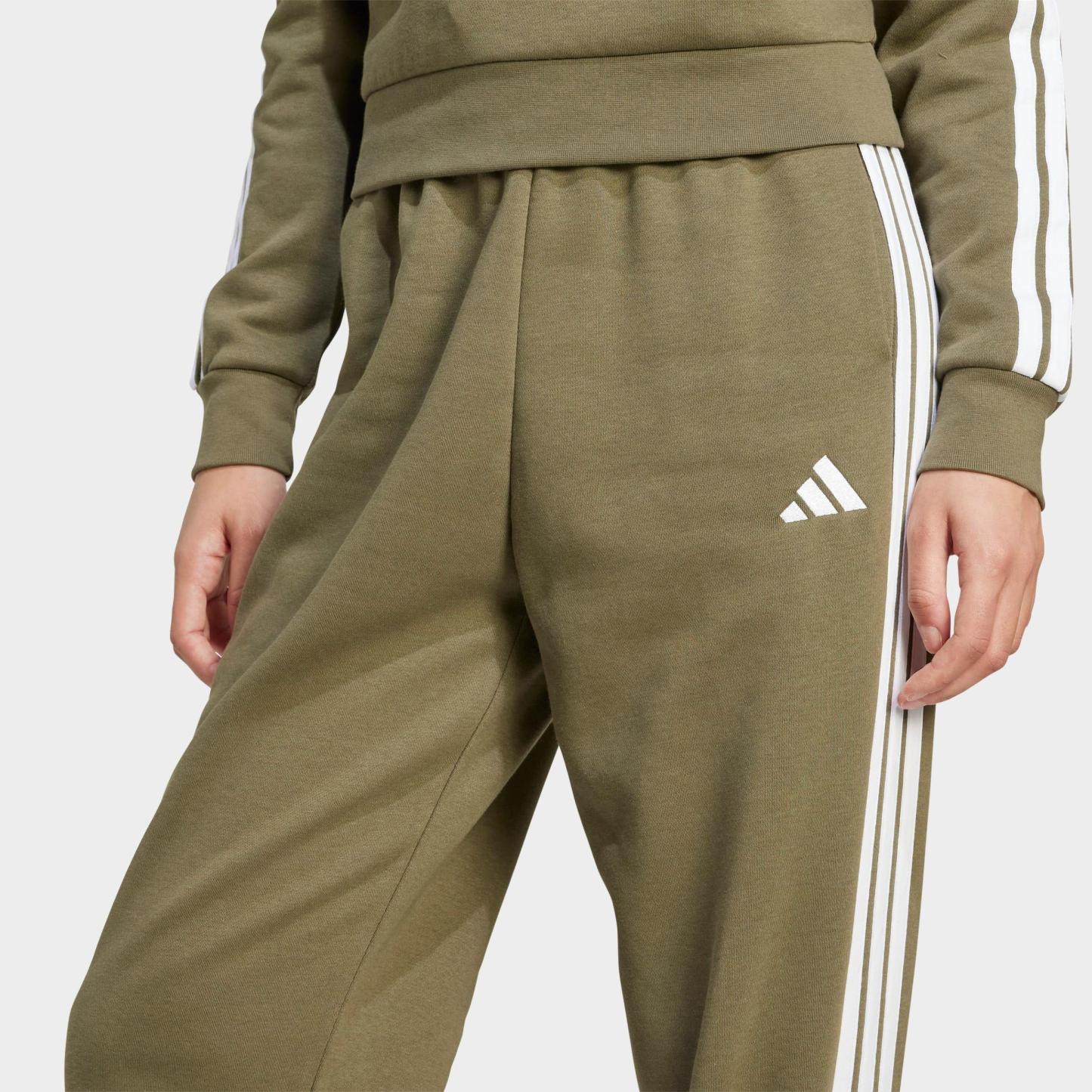 Women's adidas Essentials 3-Stripes Fleece Loose Pants - Olive Strata/White