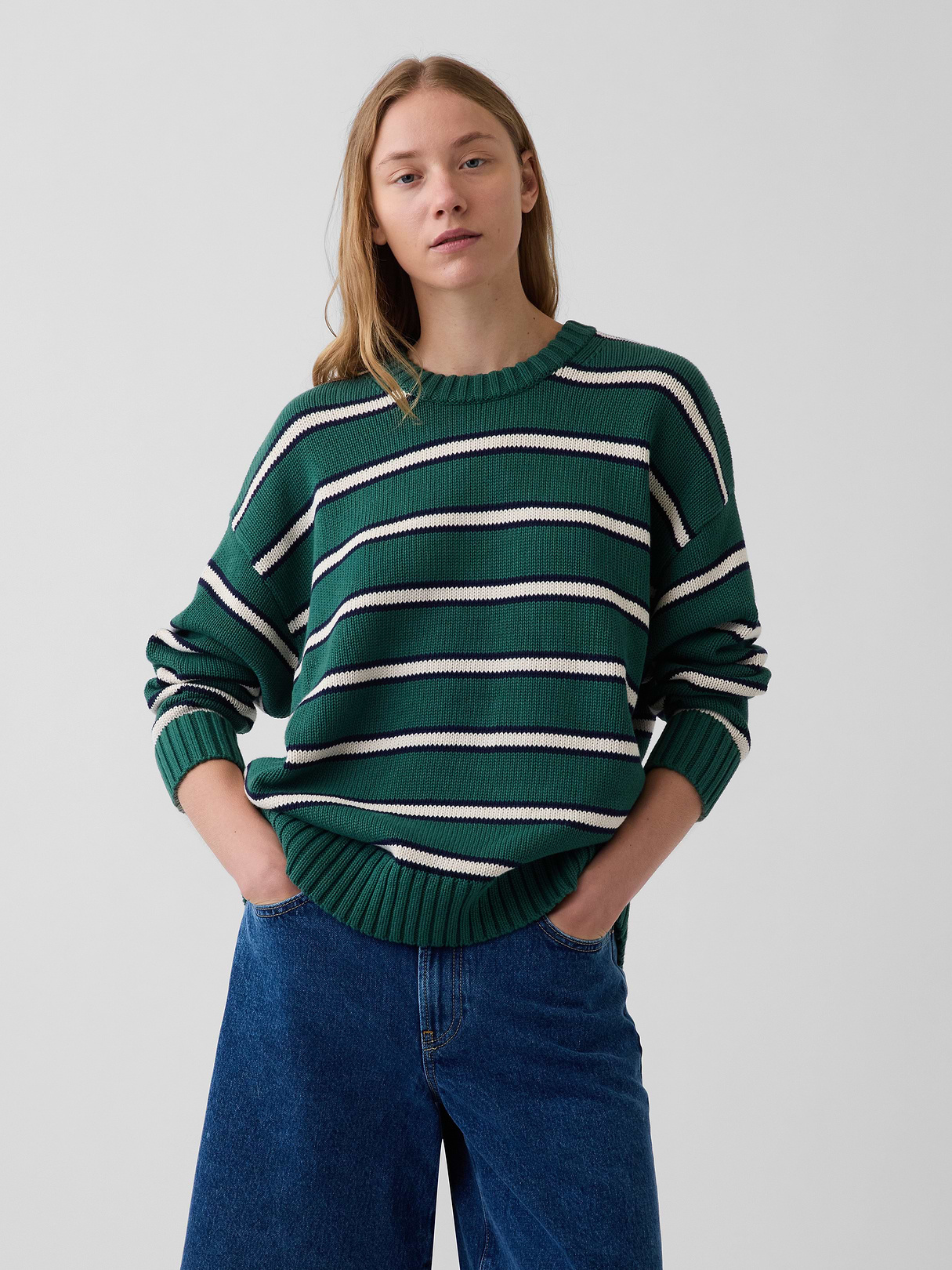 100% Cotton Oversized Sweater - Green stripe