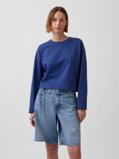 Knit Oversized Crop T-Shirt - Blue track