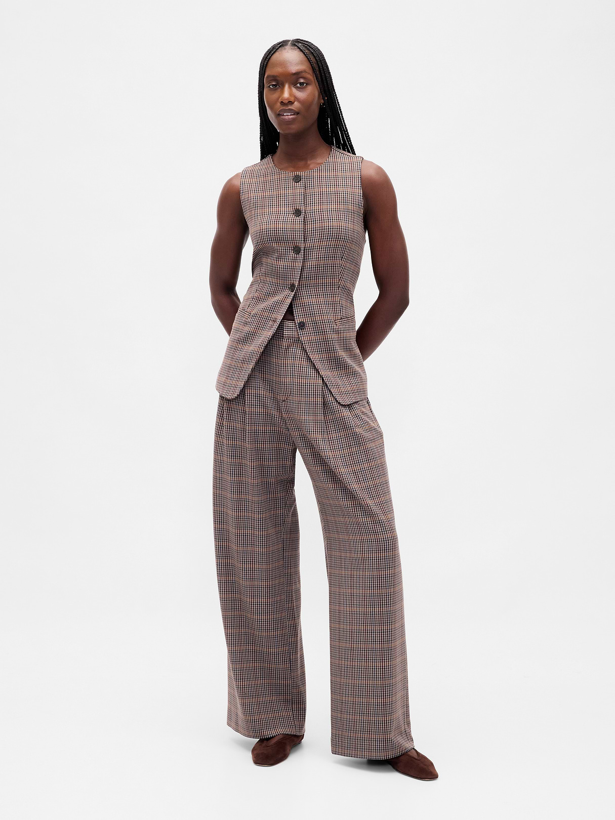 365 High Rise Pleated Trousers - Tonal brown plaid