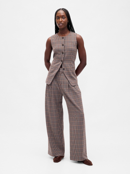 365 High Rise Pleated Trousers - Tonal brown plaid