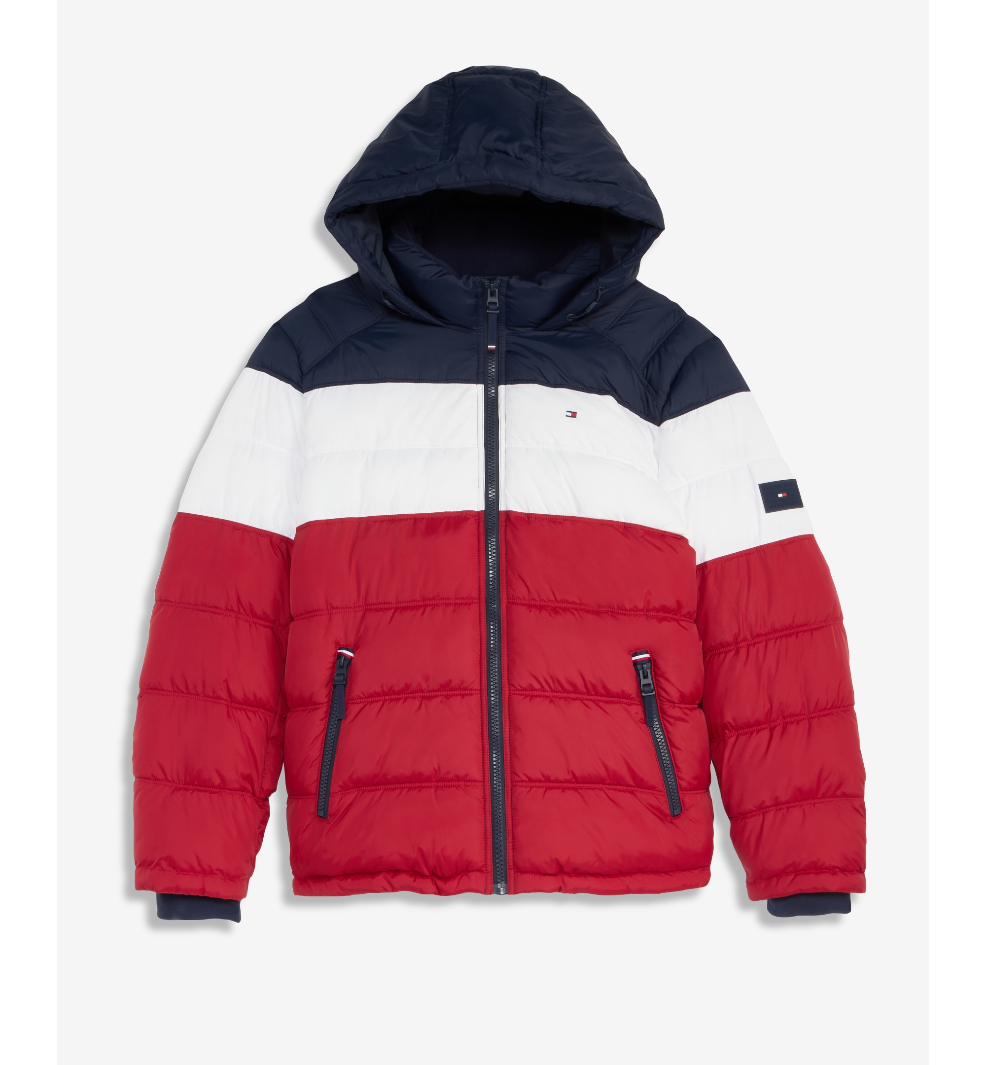Tommy Hilfiger Men's Hooded Puffer Jacket - Red/White/Blue Colorblock