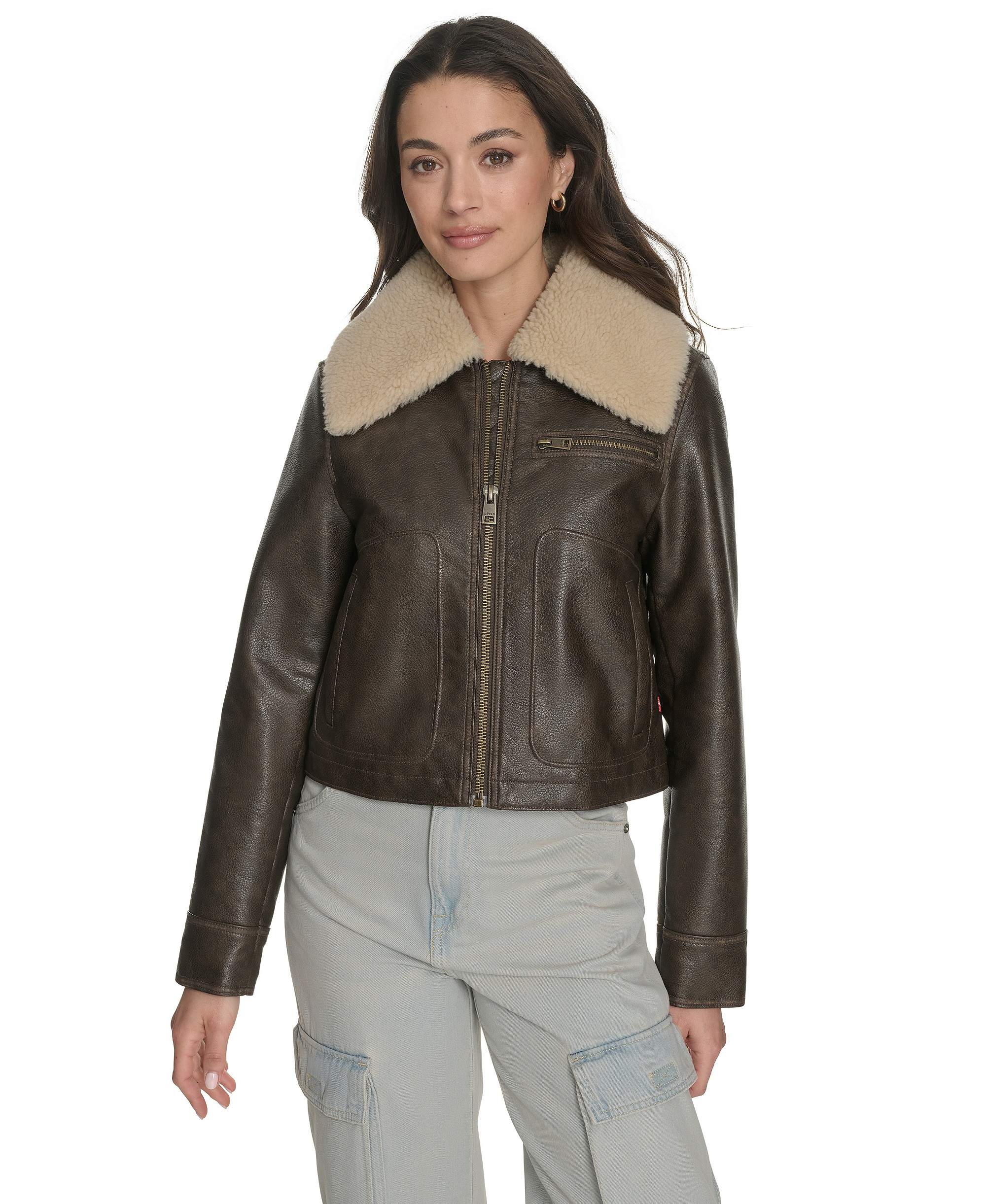 Levi's Women's Regular Faux Leather Aviator Jacket - Brown