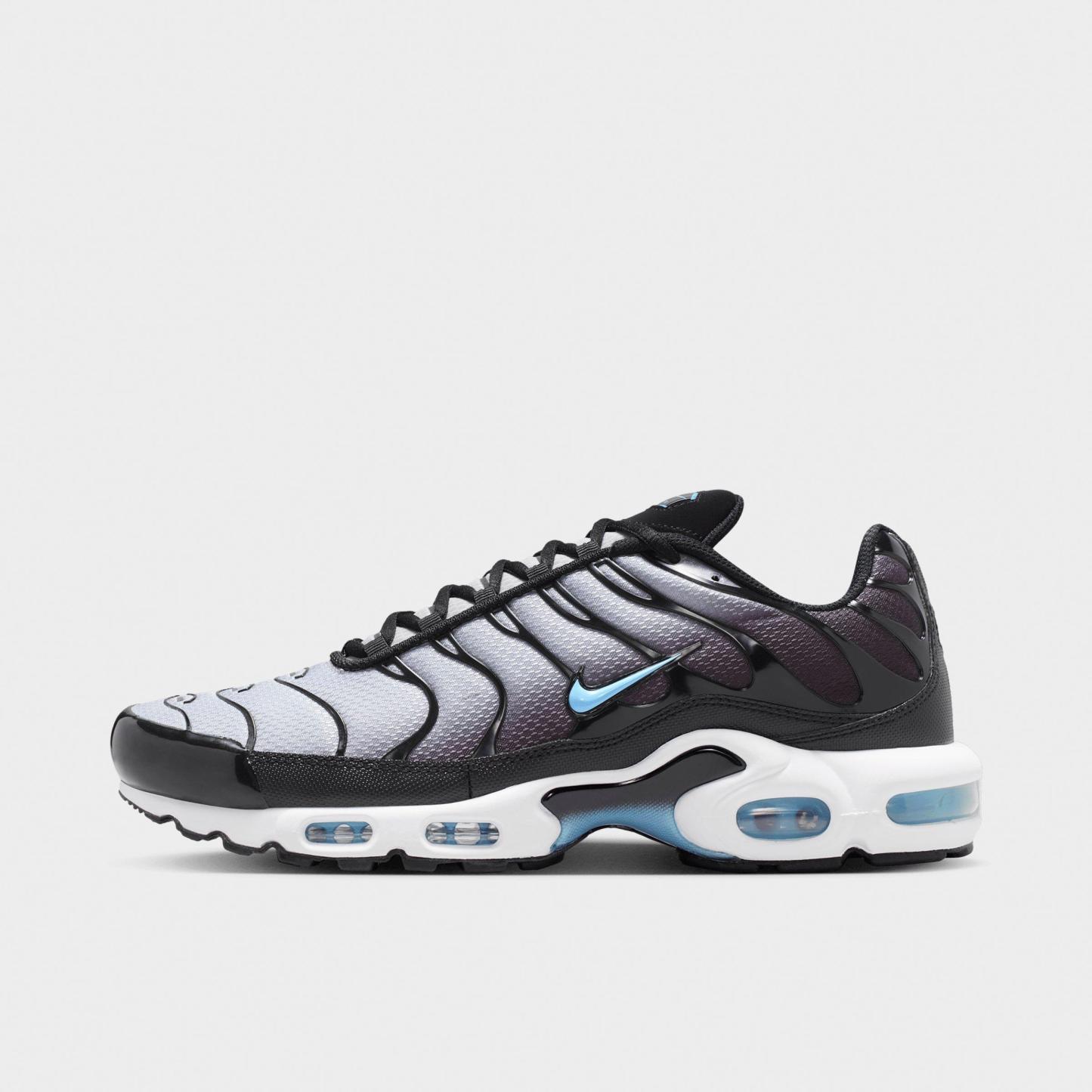 Men's Nithtke Air Max Plus Casual Shoes - Black/Light Smoke Grey/White/Football Blue - Left shoe facing left. Outside of the shoe.