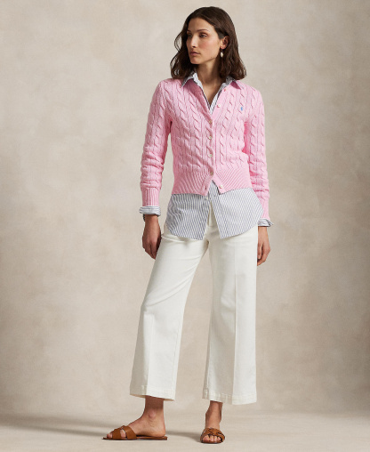 Polo Ralph Lauren Women's Cable-Knit Cotton Crewneck Cardigan Sweater - Carmel Pink