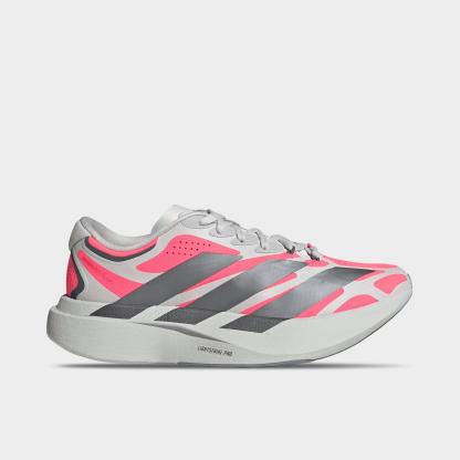 Women's adidas Adizero EVO SL Exo Running Shoes - Part 1 - Grey/Iron Metallic/Grey One - Left shoe facing left. Outside of the shoe.
