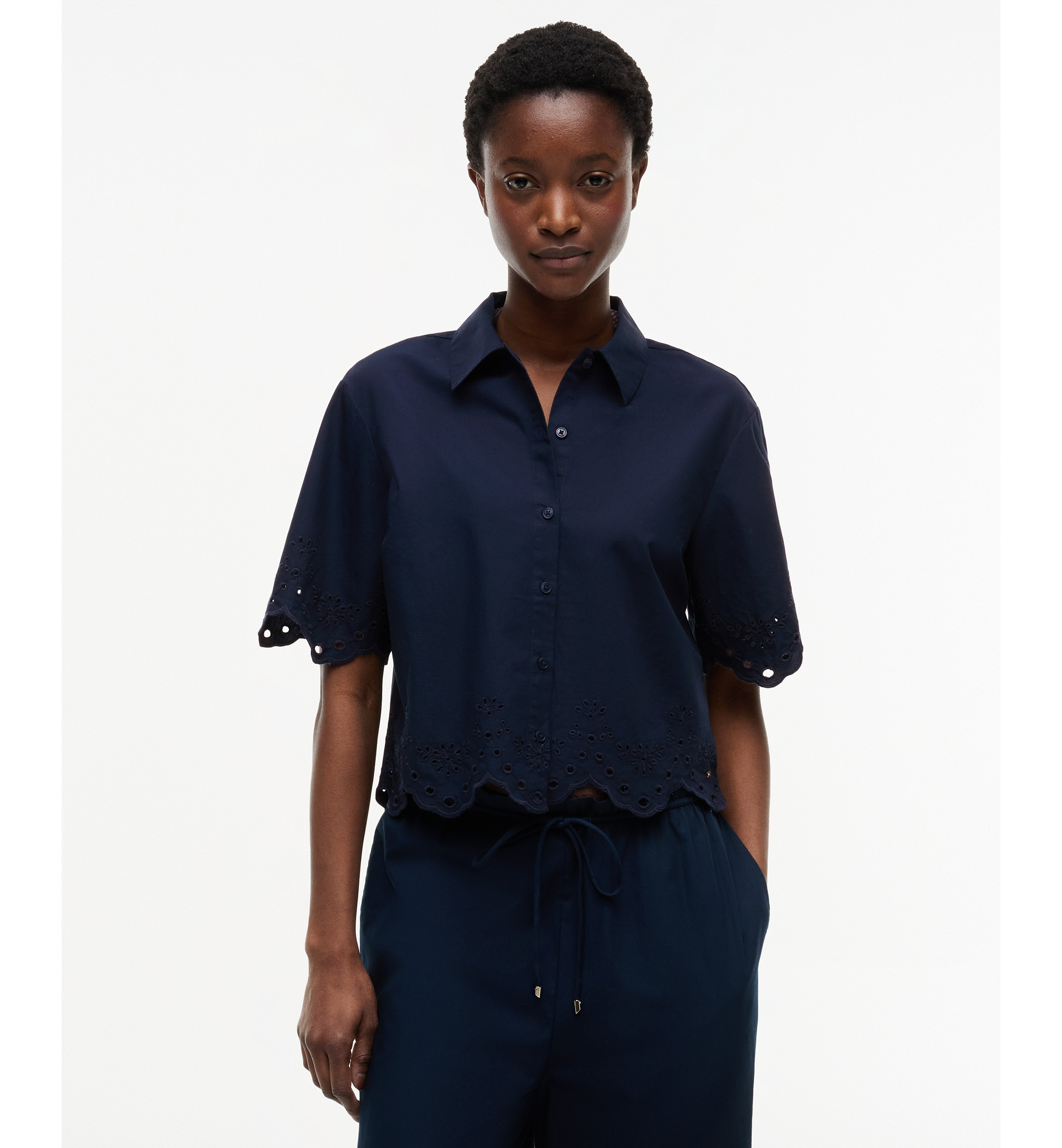 Tommy Hilfiger Women's Broderie Short-Sleeve Cotton Shirt - Dark Night