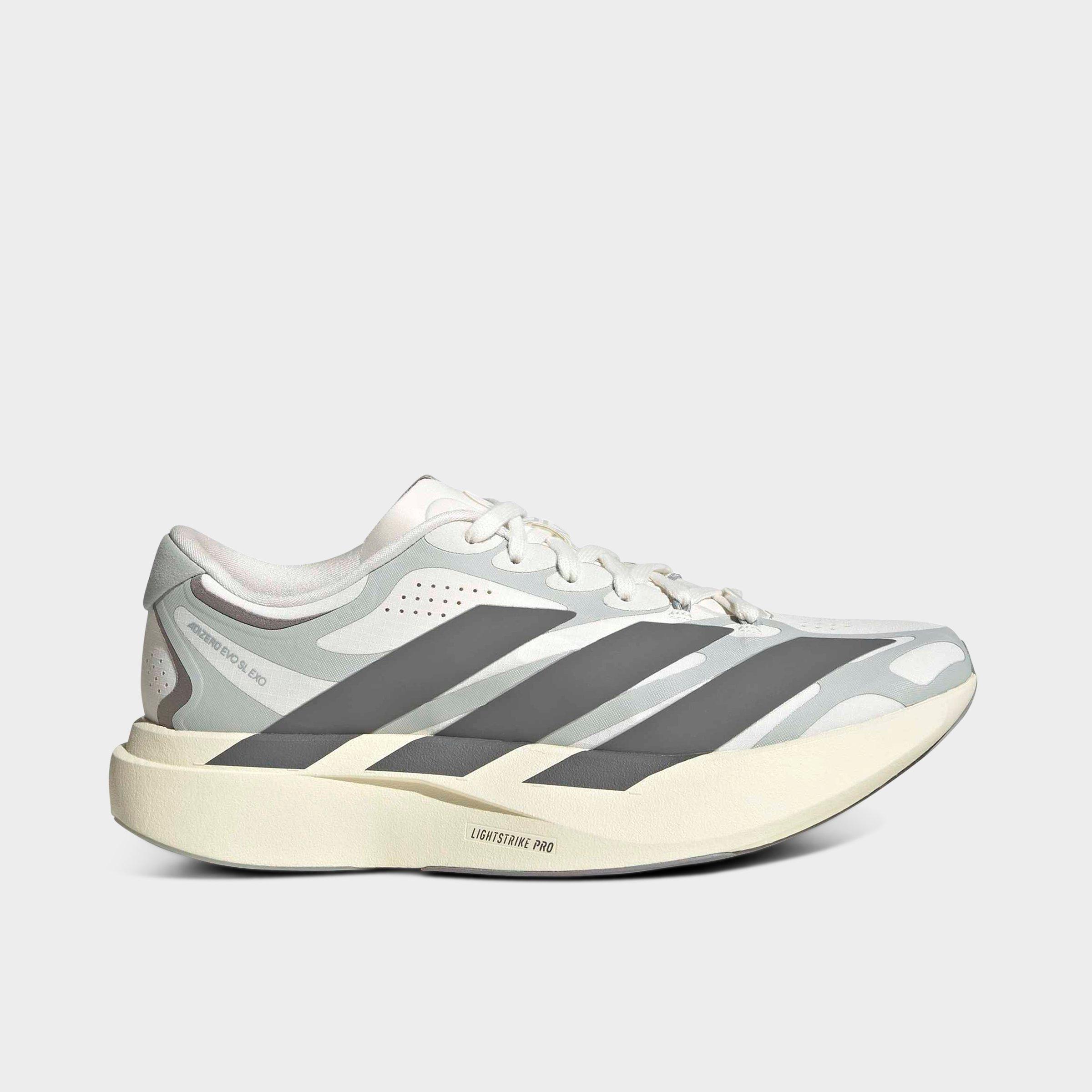 Women's adidas Adizero EVO SL Exo Running Shoes - Part 1 - Cloud White/Grey Four/Wonder Silver - Left shoe facing left. Outside of the shoe.