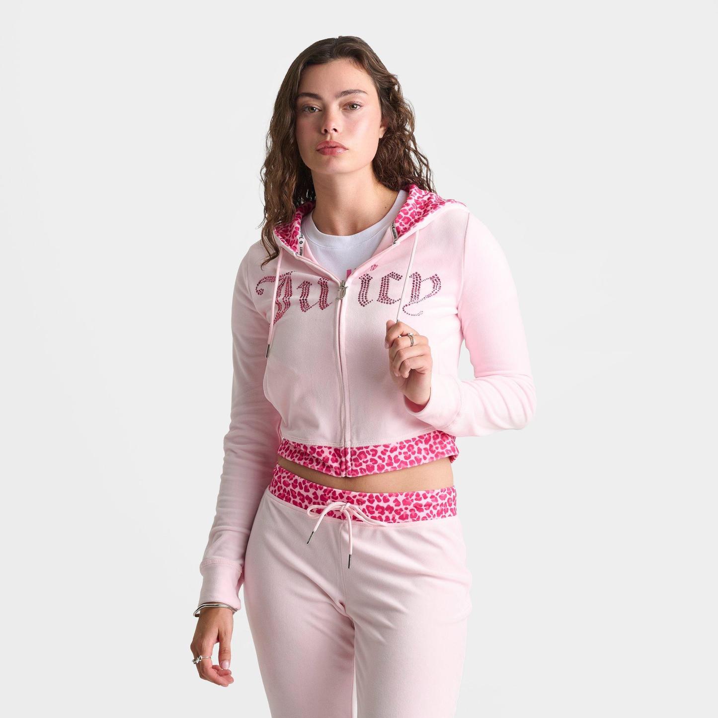 Women's Juicy Couture Bling Front Leopard Print Full-Zip Hoodie - Pink/Leopard