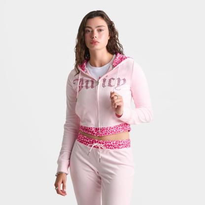 Women's Juicy Couture Bling Front Leopard Print Full-Zip Hoodie - Pink/Leopard