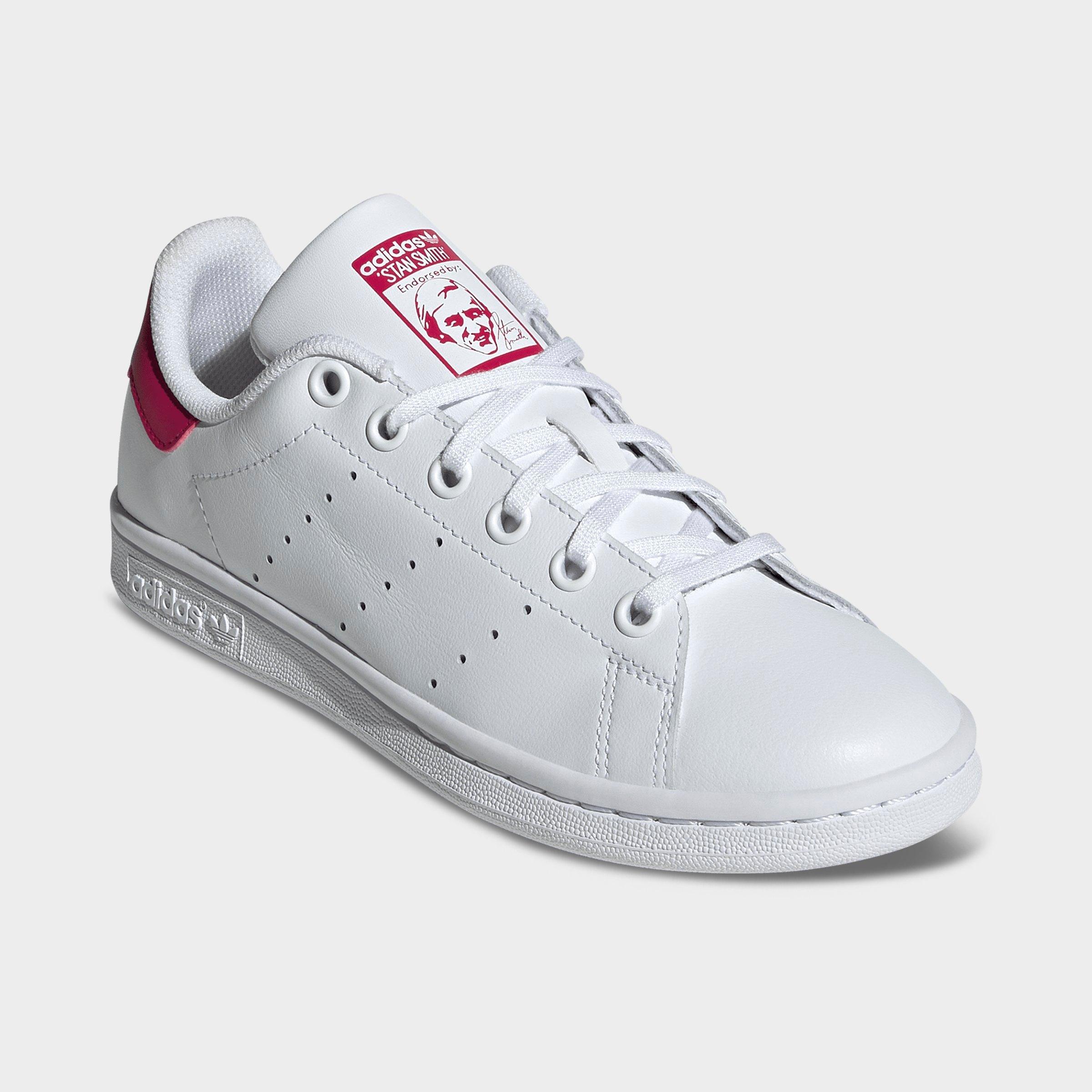 Big Kids' adidas Originals Stan Smith Casual Shoes - White/White/Bold Pink - Both shoes facing left