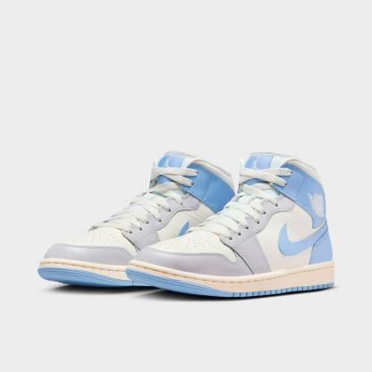 Women's Air Jordan Retro 1 Mid Casual Shoes - Psychic Blue/Sail/Coconut Milk/Neutral Grey - Left shoe facing left. Outside of the shoe. - view 2