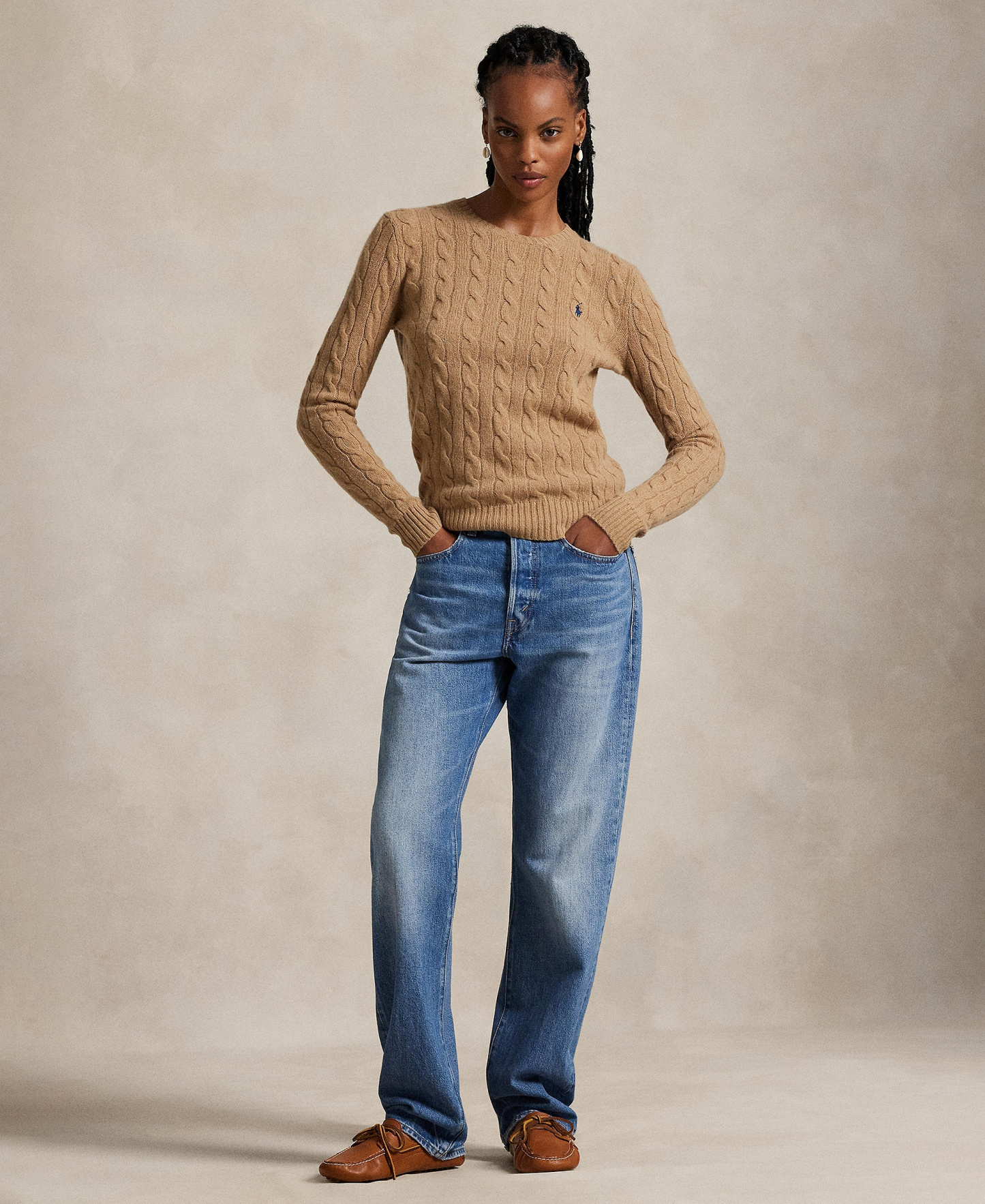 Polo Ralph Lauren Women's Cable Wool-Cashmere Crew Neck Sweater - Collection Camel Melange