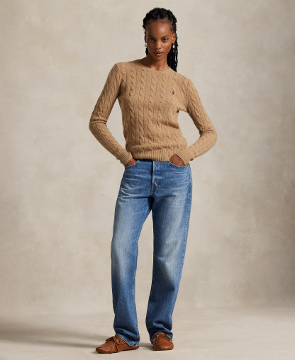 Polo Ralph Lauren Women's Cable Wool-Cashmere Crew Neck Sweater - Collection Camel Melange