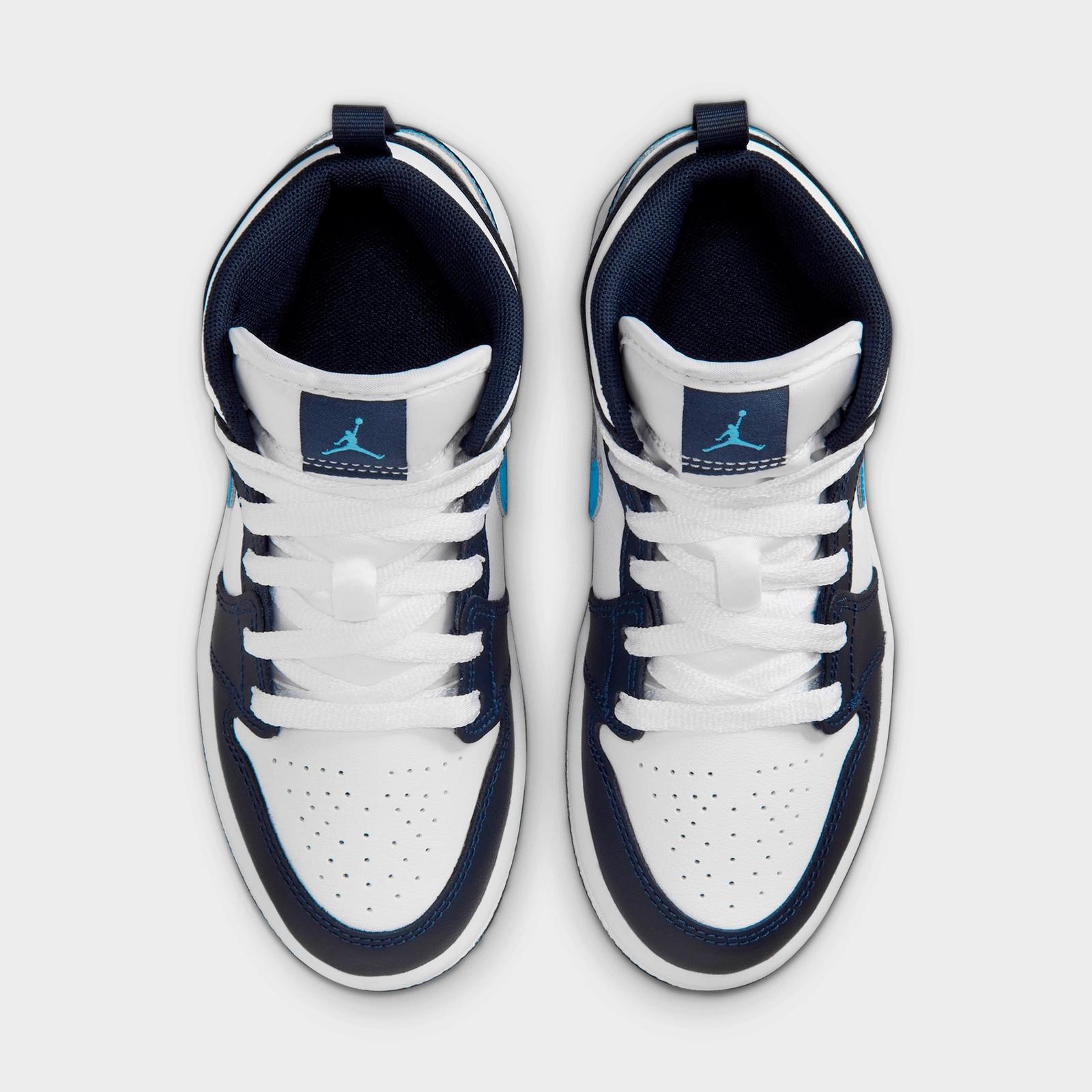 Little Kids' Air Jordan Retro 1 Mid Casual Shoes - Obsidian/White/Dark Powder Blue - view 5
