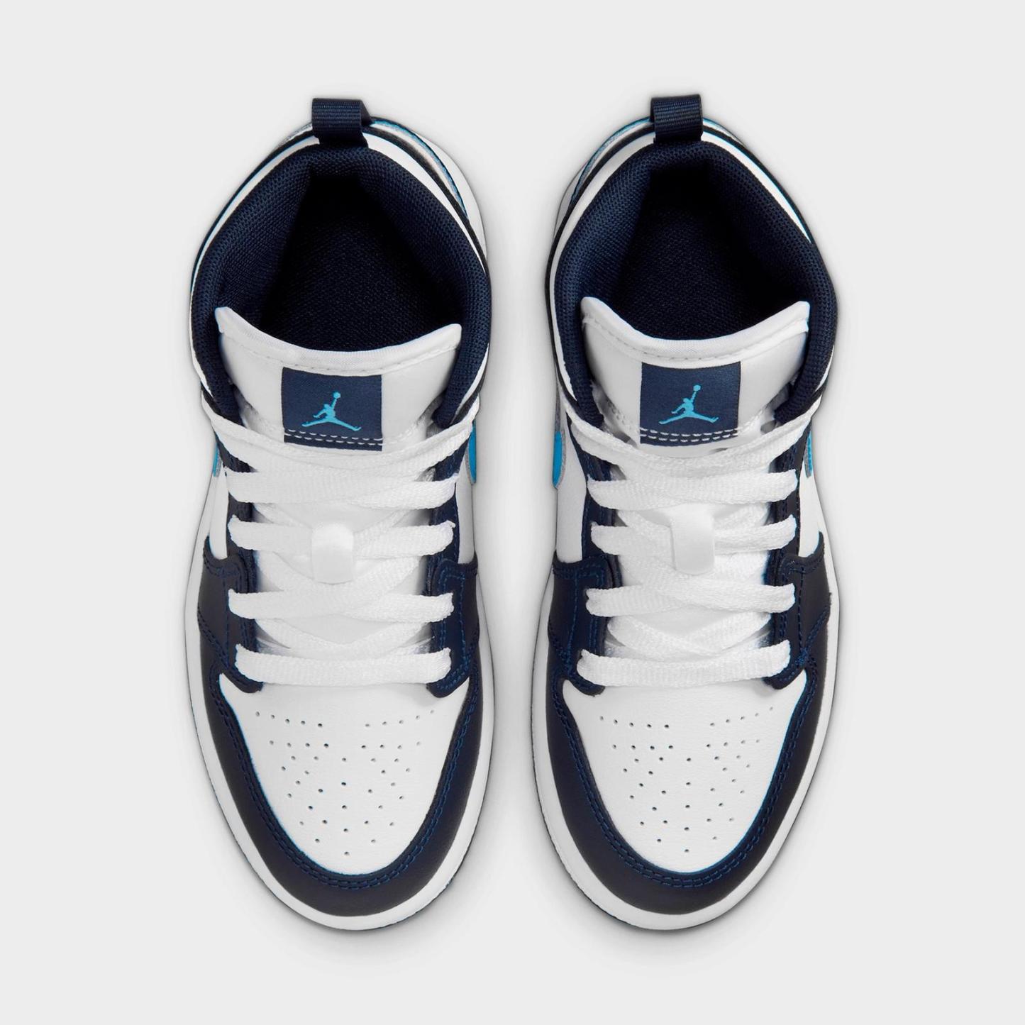 Little Kids' Air Jordan Retro 1 Mid Casual Shoes - Obsidian/White/Dark Powder Blue - view 5