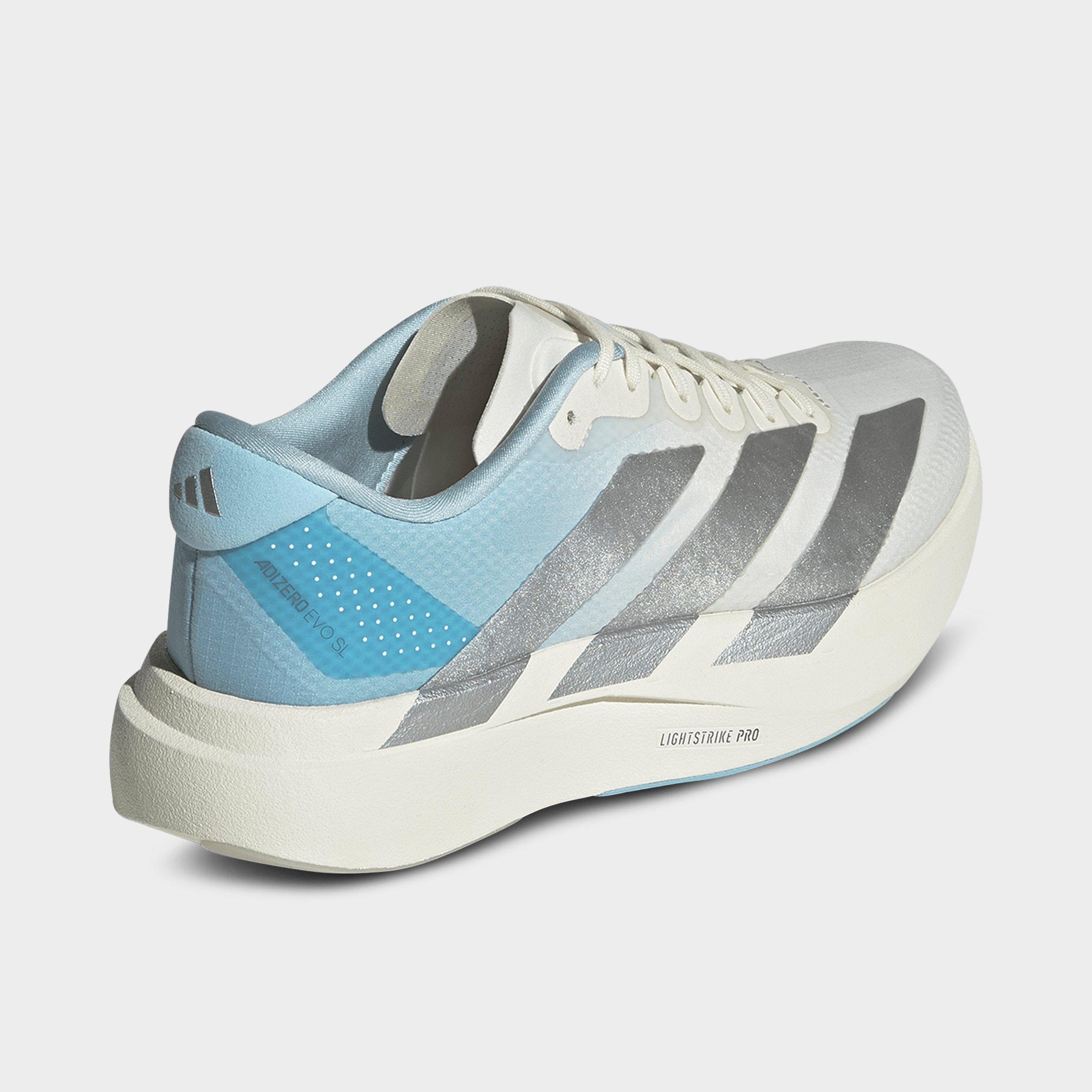 Women's adidas Adizero EVO SL Woven Running Shoes - Part 1 - Off White/Silver Metallic/Icey Blue - Back view