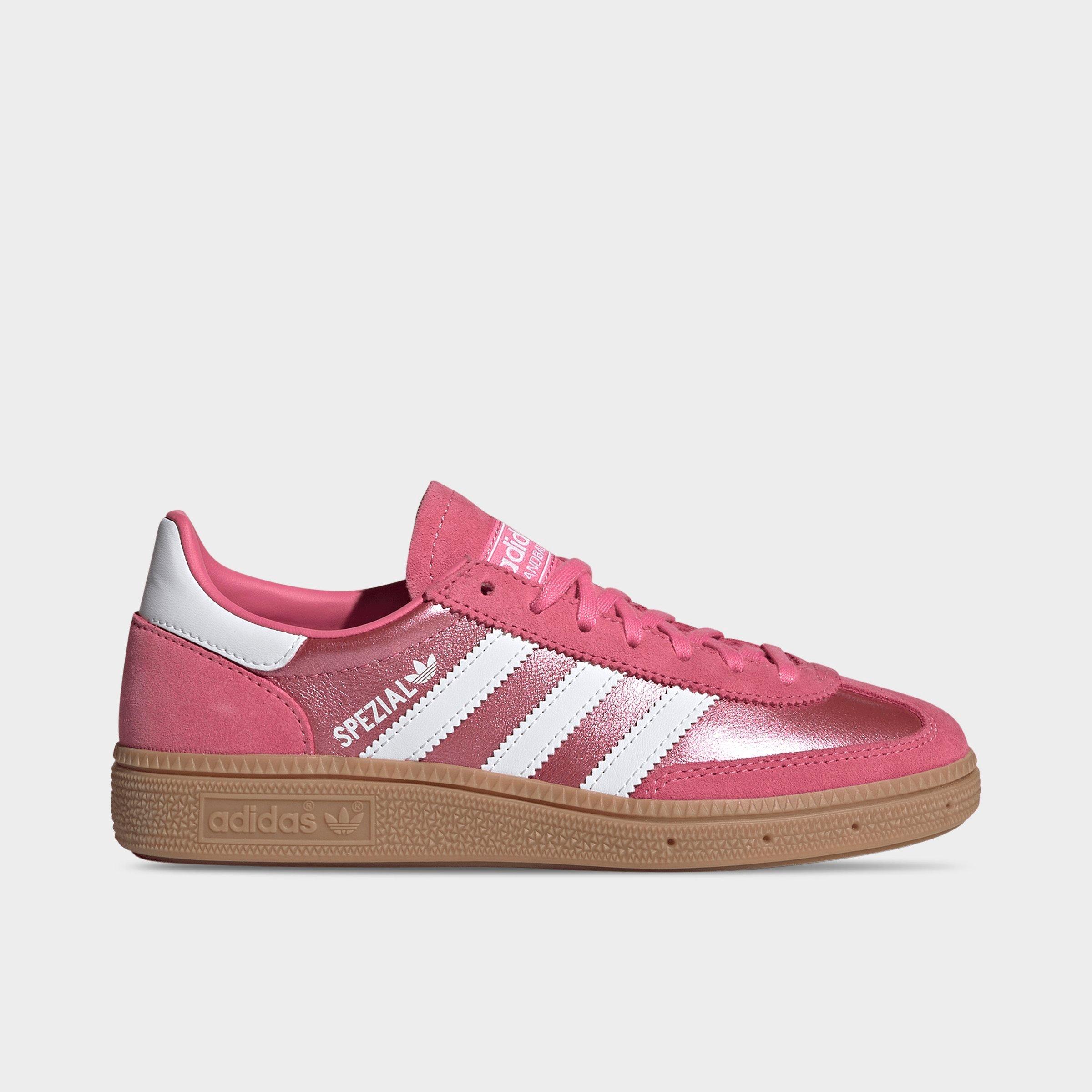 Big Kids' adidas Originals Handball Spezial Casual Shoes - Part 1 - Pink Fusion/White/Gum - Left shoe facing left. Outside of the shoe.
