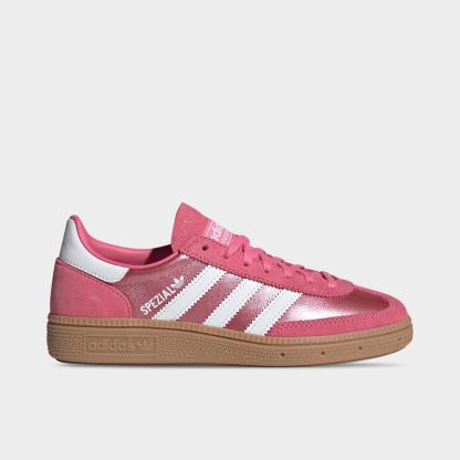 Big Kids' adidas Originals Handball Spezial Casual Shoes - Part 1 - Pink Fusion/White/Gum - Left shoe facing left. Outside of the shoe.