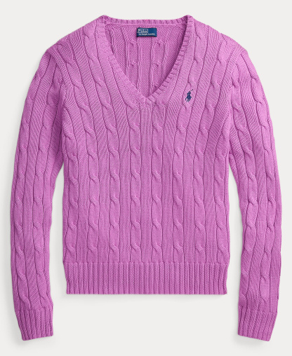 Polo Ralph Lauren Women's Cable-Knit Cotton V-Neck Sweater - Thistle Pink