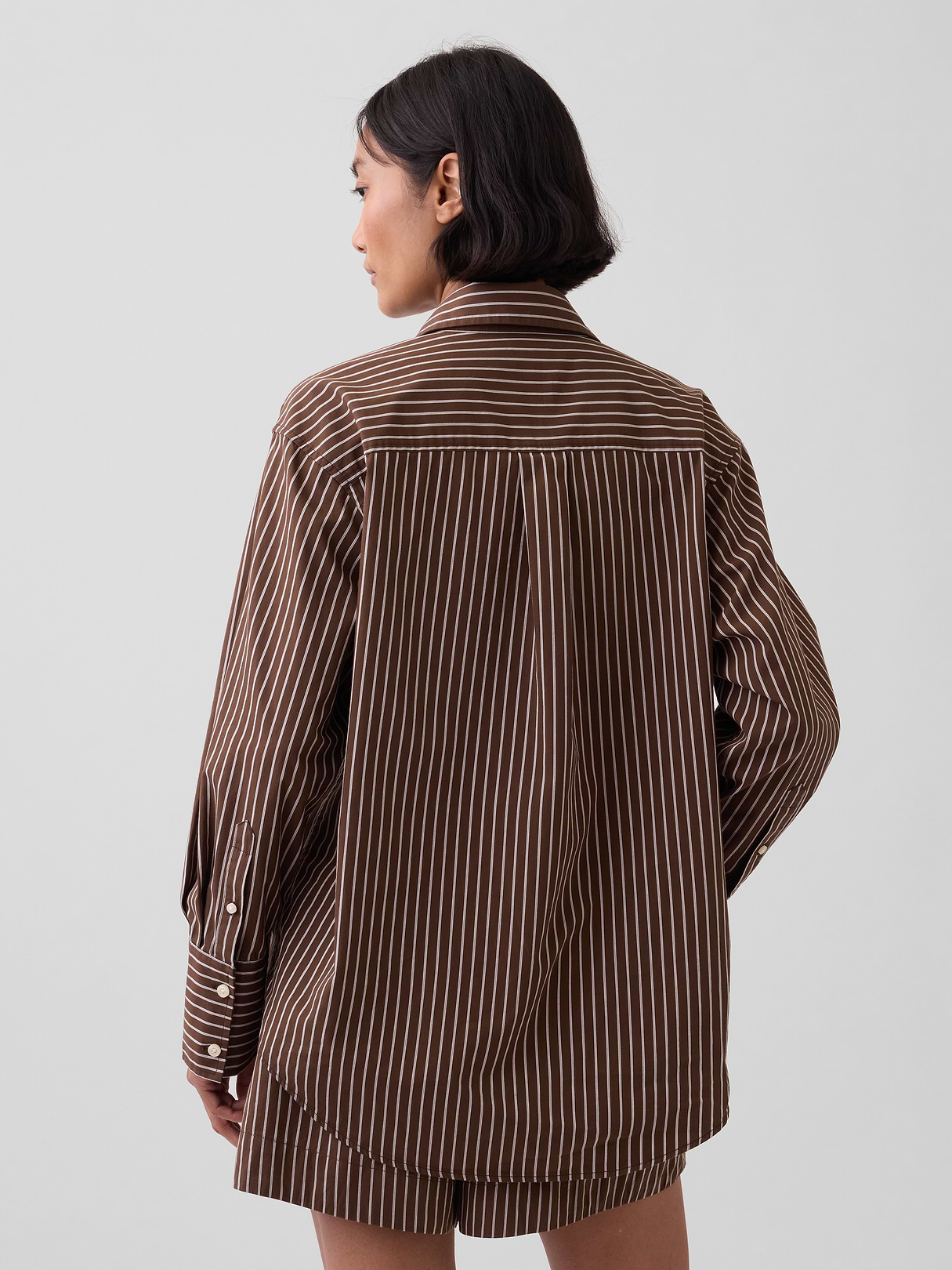 Organic Cotton Poplin Stripe Big Shirt - Brown & off white stripe