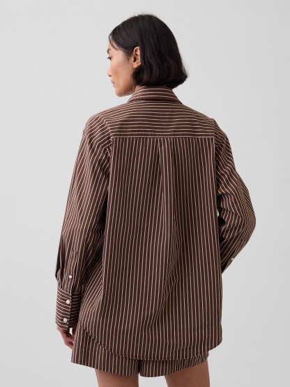 Organic Cotton Poplin Stripe Big Shirt - Brown & off white stripe