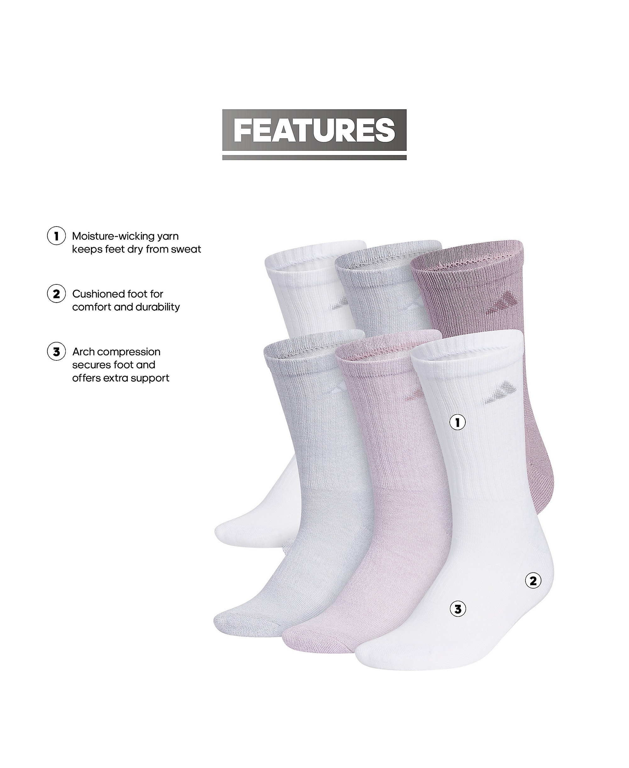 adidas Women's 6-Pk. Athletic Cushioned Crew Socks - Light Purple