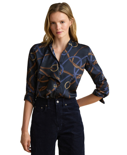 Lauren Ralph Lauren Women's Belting-Print Ruffle-Trim Twill Shirt - Navy Multi