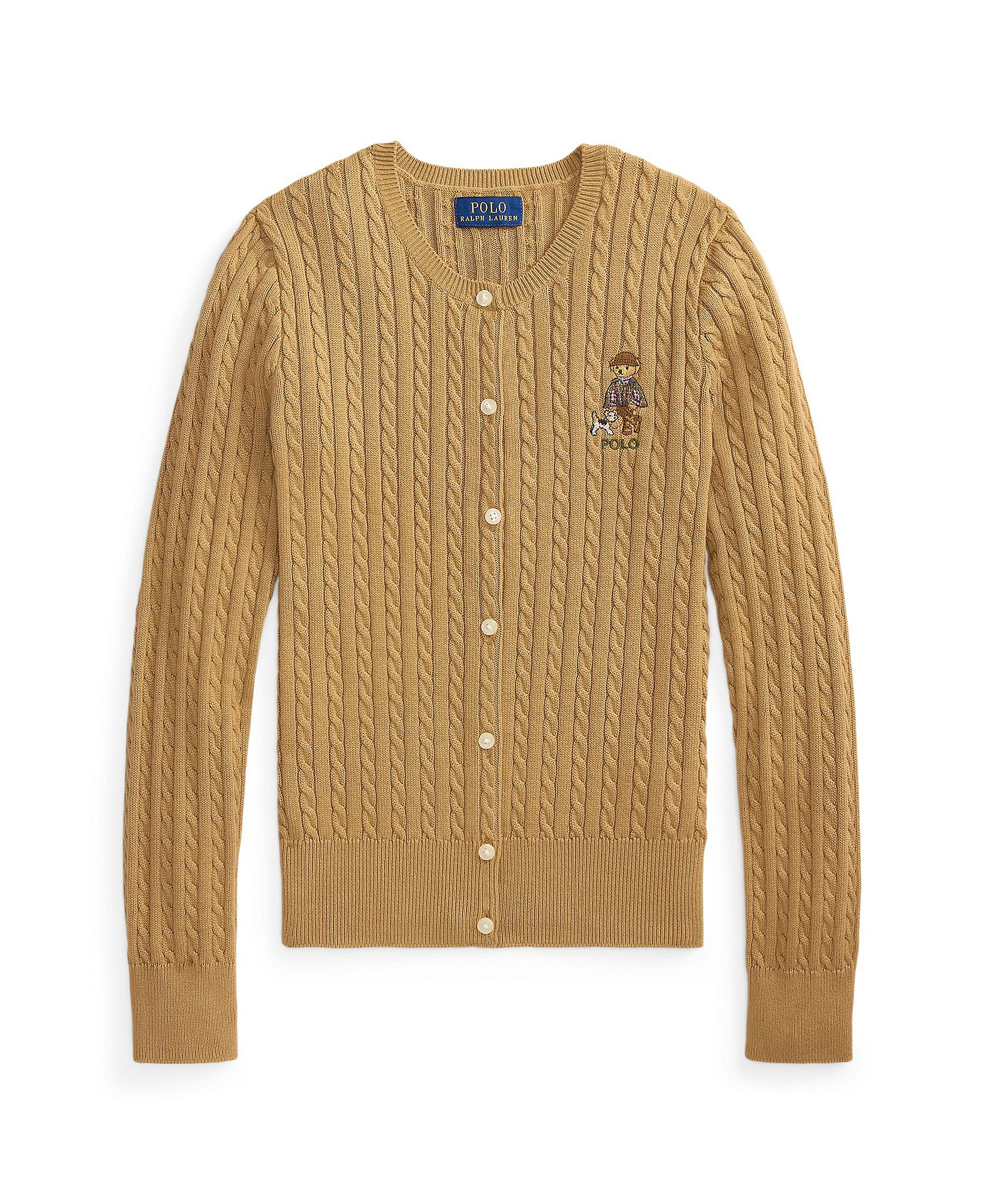 Polo Ralph Lauren Girls' 7-16 Polo Bear Mini-Cable Cotton Cardigan - Berkshire Tan
