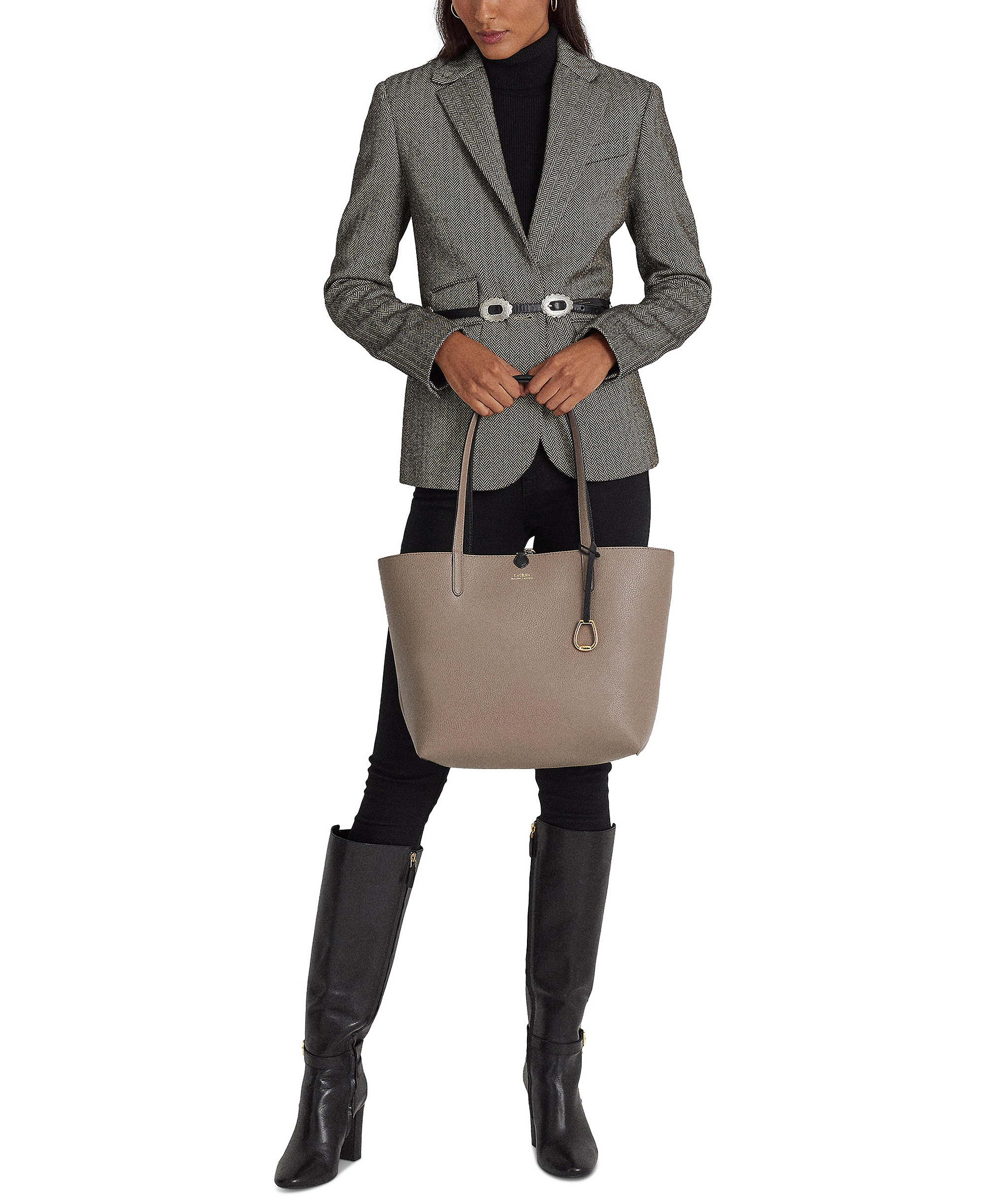 Lauren Ralph Lauren Faux-Leather Reversible Extra Large Tote Handbag - Black/Taupe/Gold