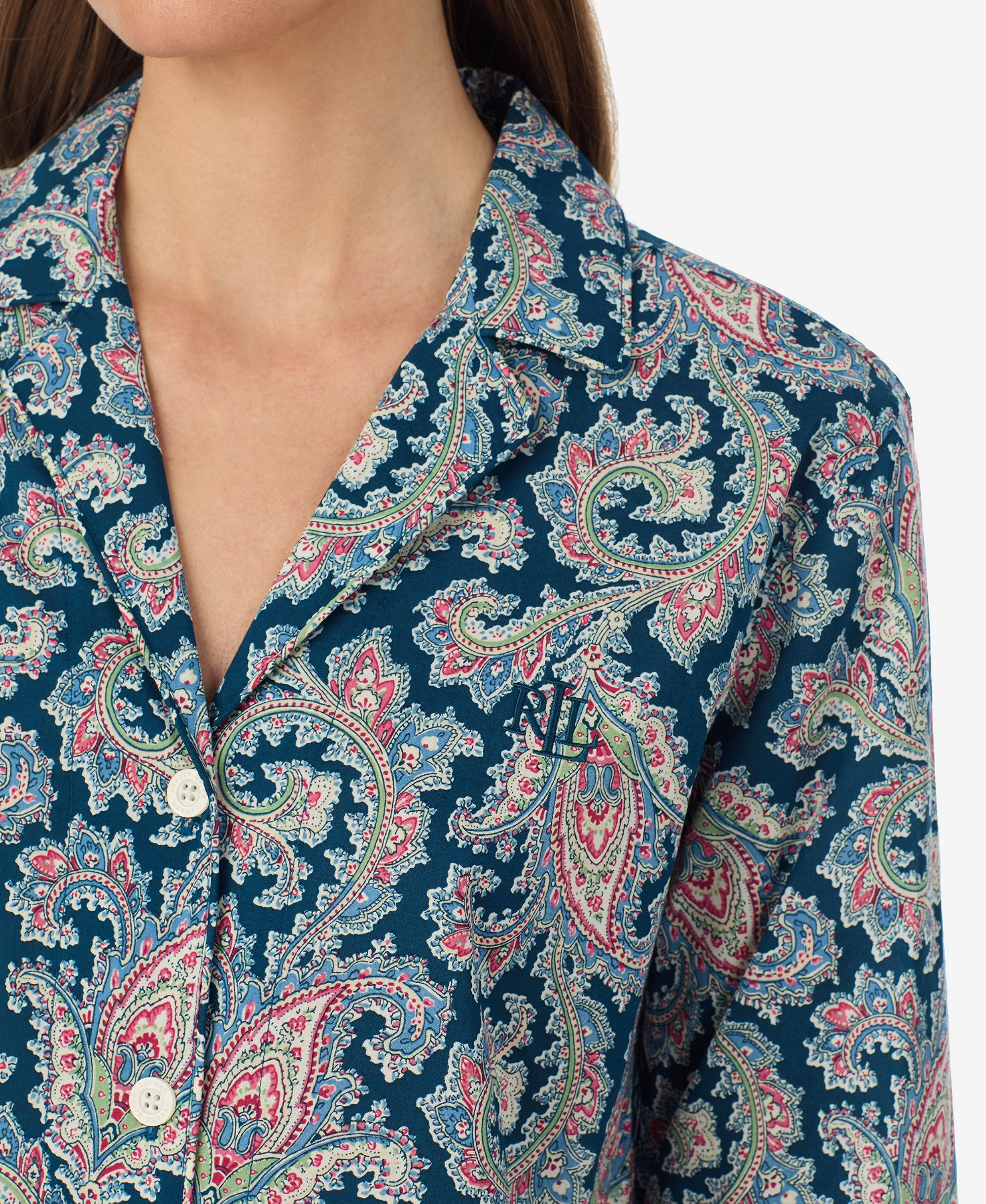 Lauren Ralph Lauren Women's Notch Collar Top and Ankle-Length Pajama Pants, 2-Piece Set - Multi Paisley Blue