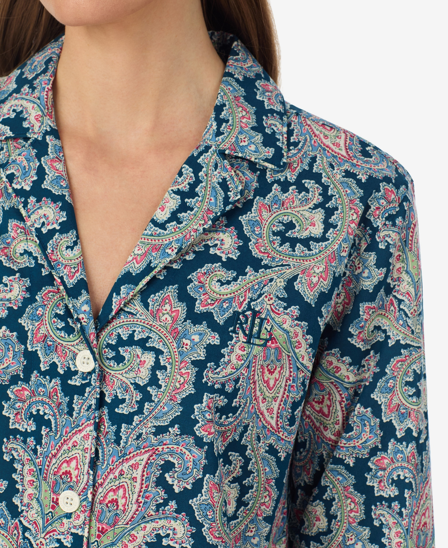 Lauren Ralph Lauren Women's Notch Collar Top and Ankle-Length Pajama Pants, 2-Piece Set - Multi Paisley Blue