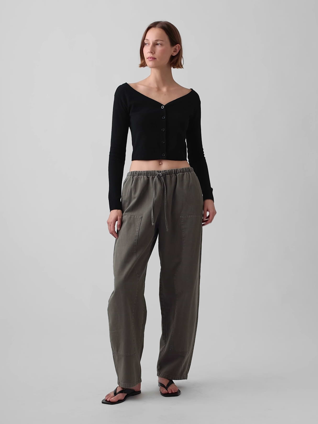 Easy Double-Knee Barrel Pants - Black moss green