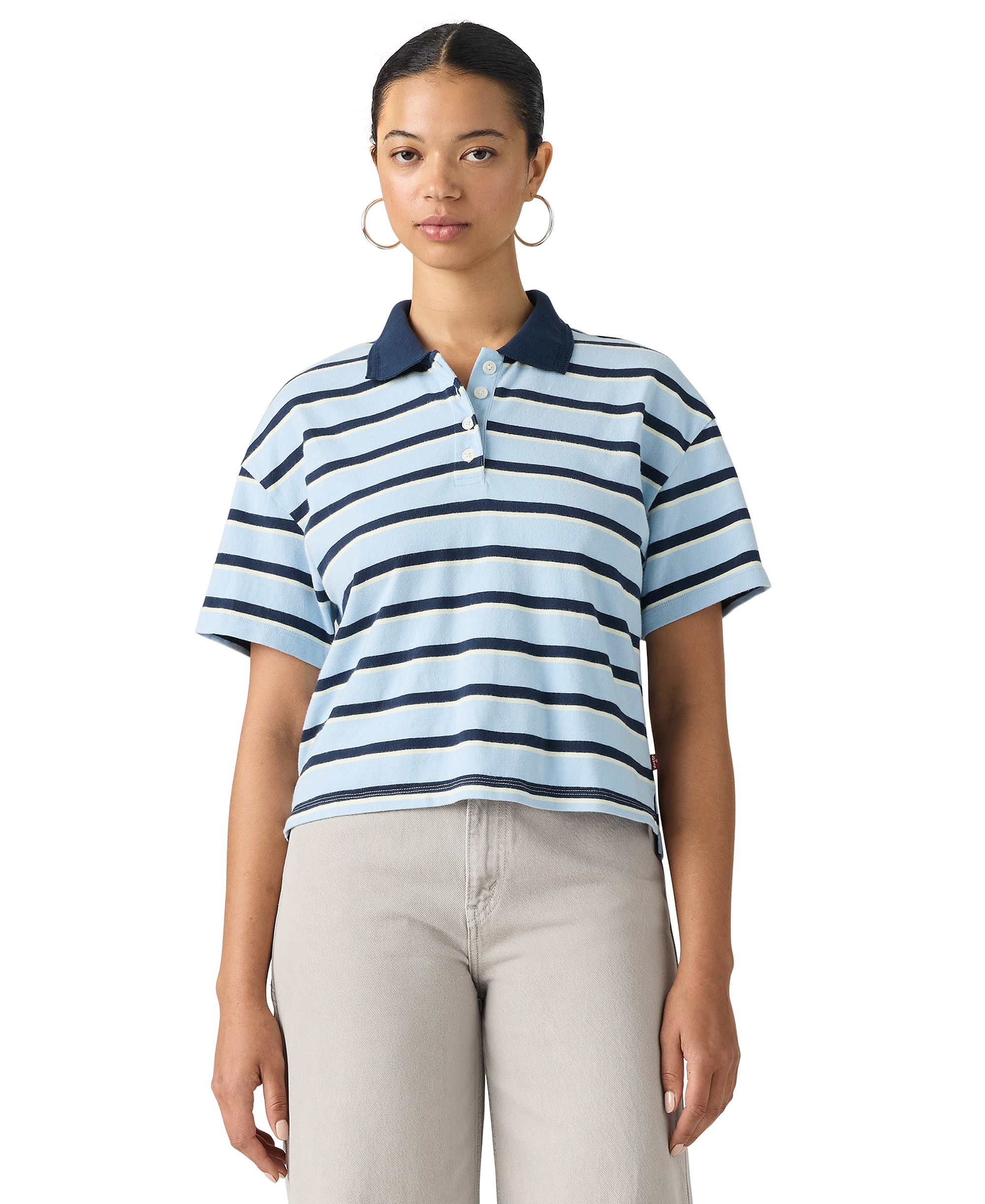 Levi's Women's Didion Rugby Short-Sleeve Collared Polo Shirt - Pepper Stripe Angel Falls