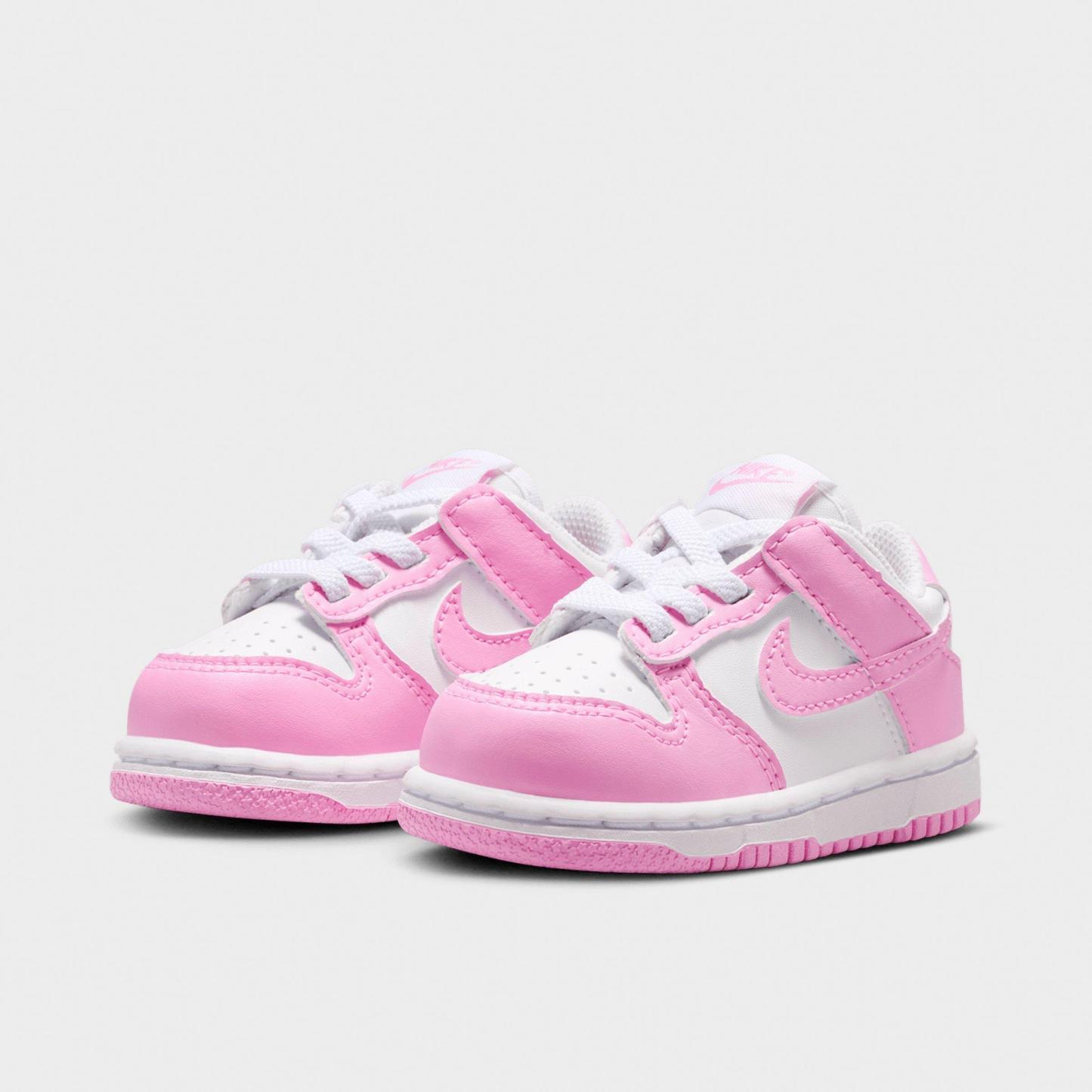 Kids' Toddler Nithtke Dunk Low Casual Shoes - White/White/White/Pink Rise - Both shoes facing left