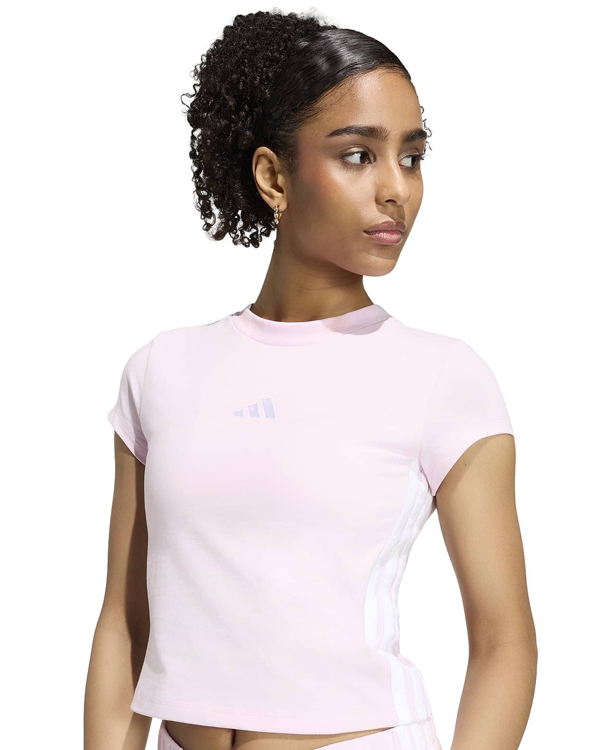 adidas Women's Essentials 3-Stripes Padded Slim Baby Cotton-Blend T-Shirt - Clear Pink/white