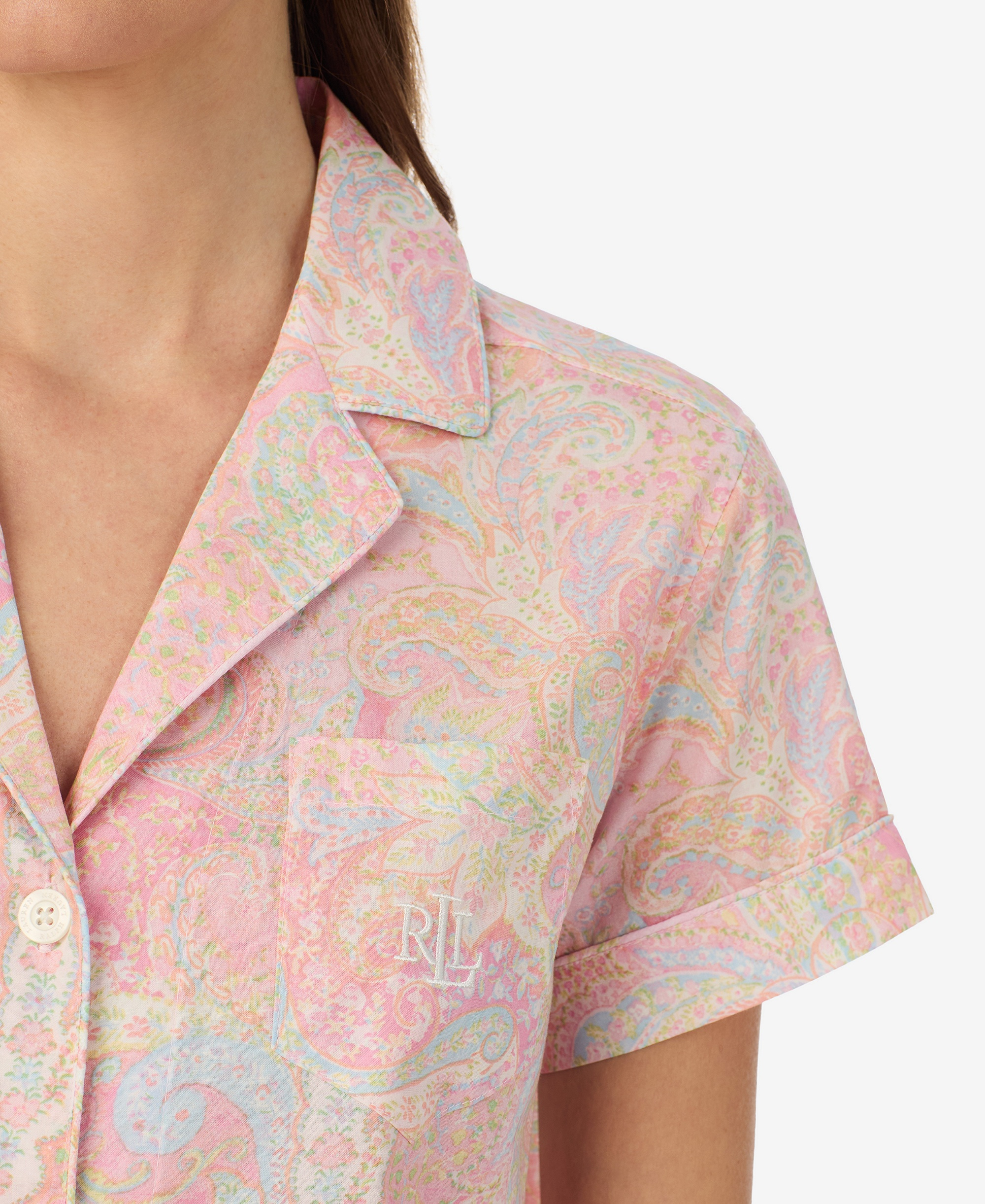 Lauren Ralph Lauren Women's Notch Collar Top and Cropped Pajama Pants, 2-Piece Set - Pink Paisley