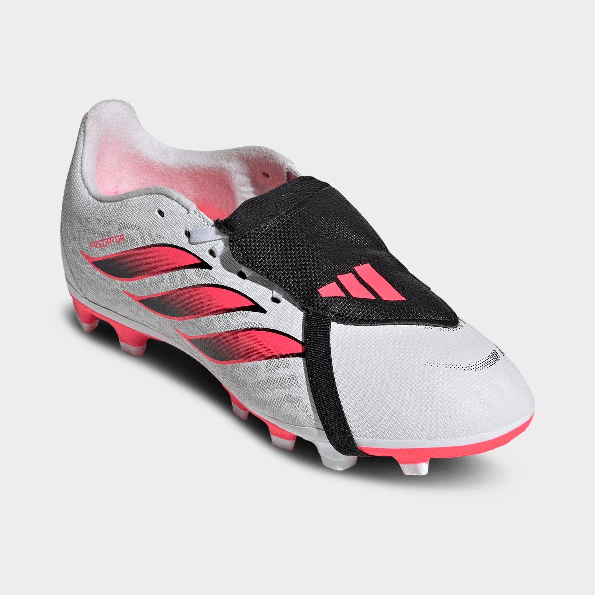Big Kids' adidas Predator Club Fold Over Tongue Firm Ground and Multi Ground Soccer Cleats - White/Solar Turbo/Black (KJ6728-100) - Both shoes facing left