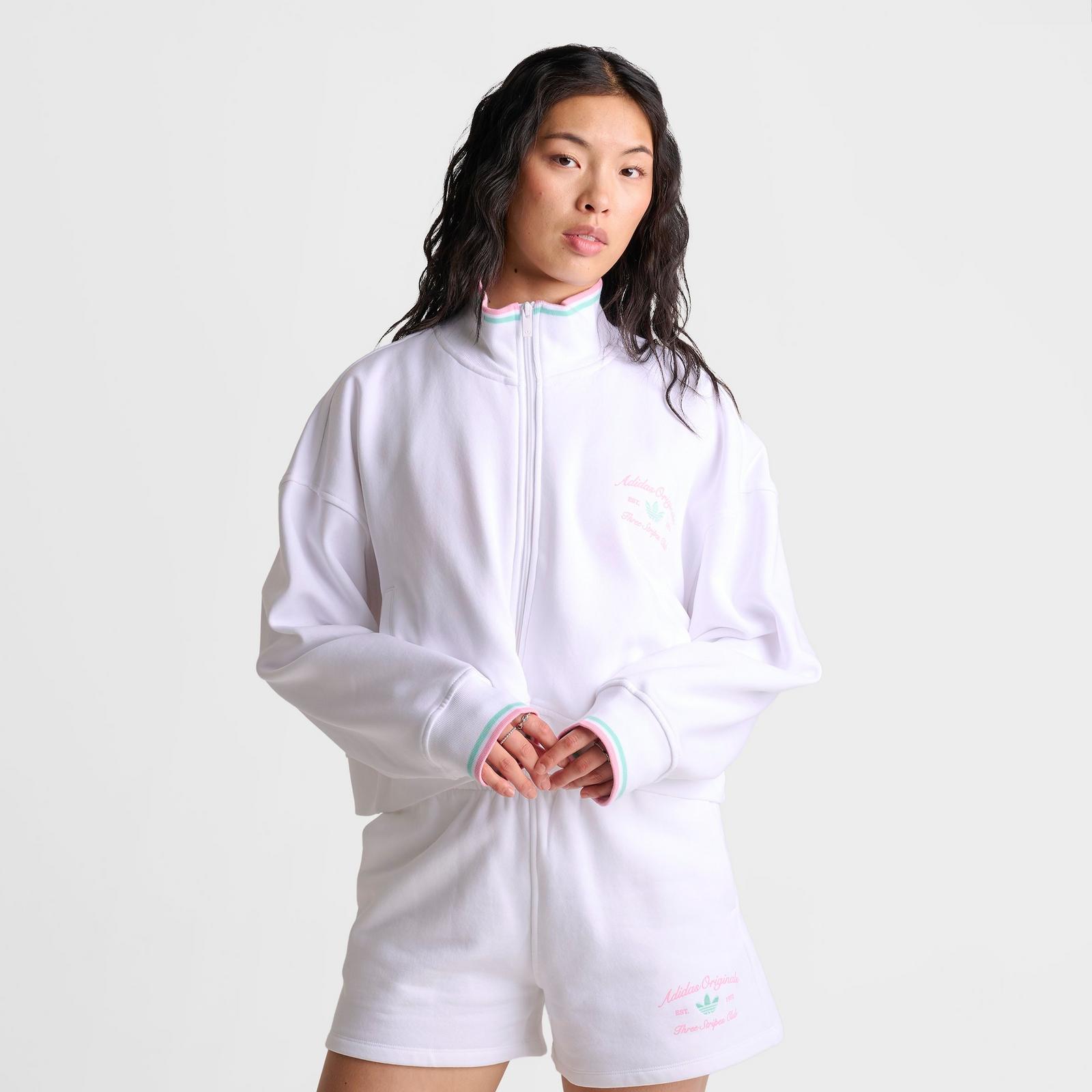 Women's adidas Originals Classic Sport Script Fleece Track Top - White/True Pink/Clear Mint - view 3