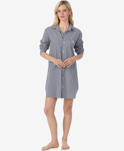 Lauren Ralph Lauren Women's Long-Sleeve Roll-Tab His Shirt Sleepshirt - Navy
