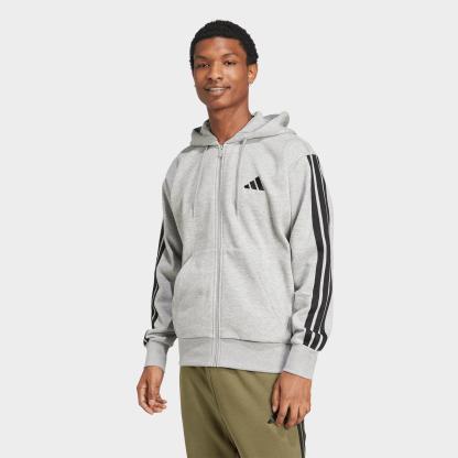 Men's adidas Essentials 3-Stripes Fleece Full-Zip Hoodie - Medium Grey Heather/Black