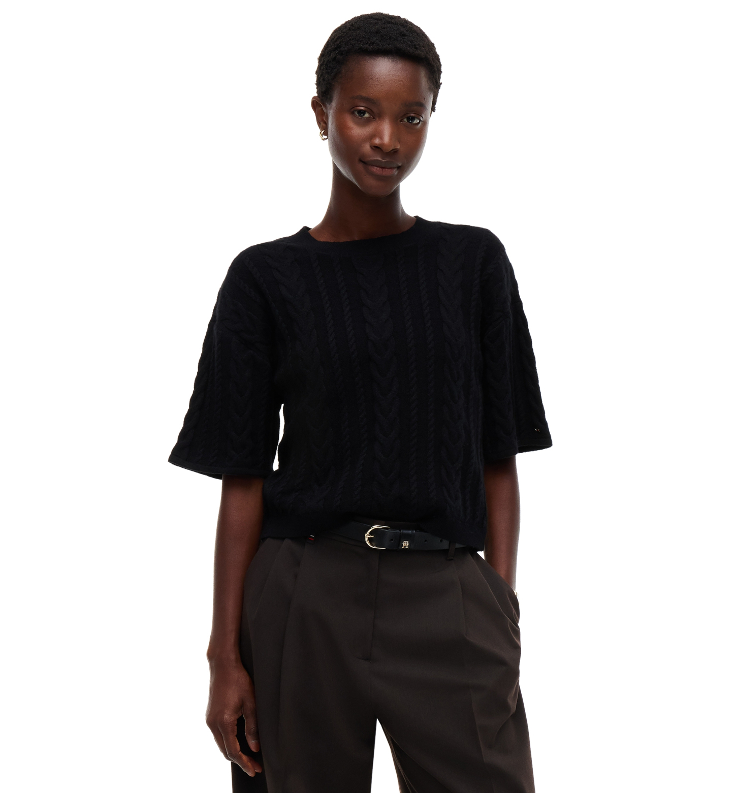 Tommy Hilfiger Women's Cable-Knit Bow Detail Crewneck Sweater - Black