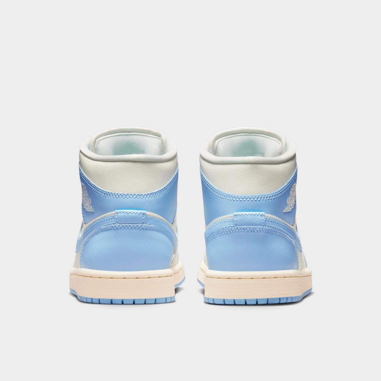 Women's Air Jordan Retro 1 Mid Casual Shoes - Psychic Blue/Sail/Coconut Milk/Neutral Grey - Left shoe facing left. Outside of the shoe. - view 4