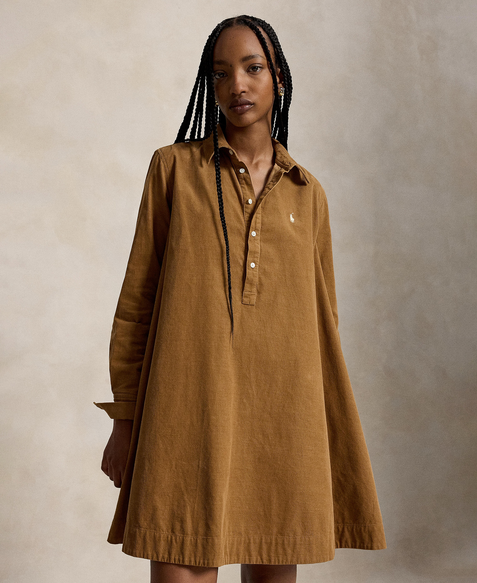 Polo Ralph Lauren Women's Corduroy Pleated Shirt Dress - Tan