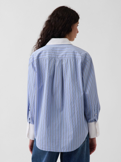 Organic Cotton Poplin Stripe Big Shirt - Light blue stripe